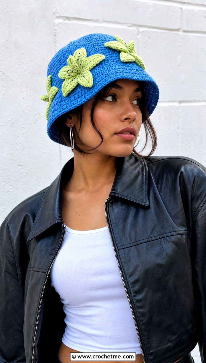 Lily Flower Crochet Bucket Hat With Leather Jacket - 30 crochet flower hat outfit ideas