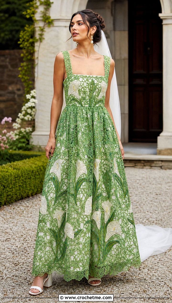 Lily Motif Square Neck Wedding Dress - 20 irish lace crochet wedding dress outfit ideas