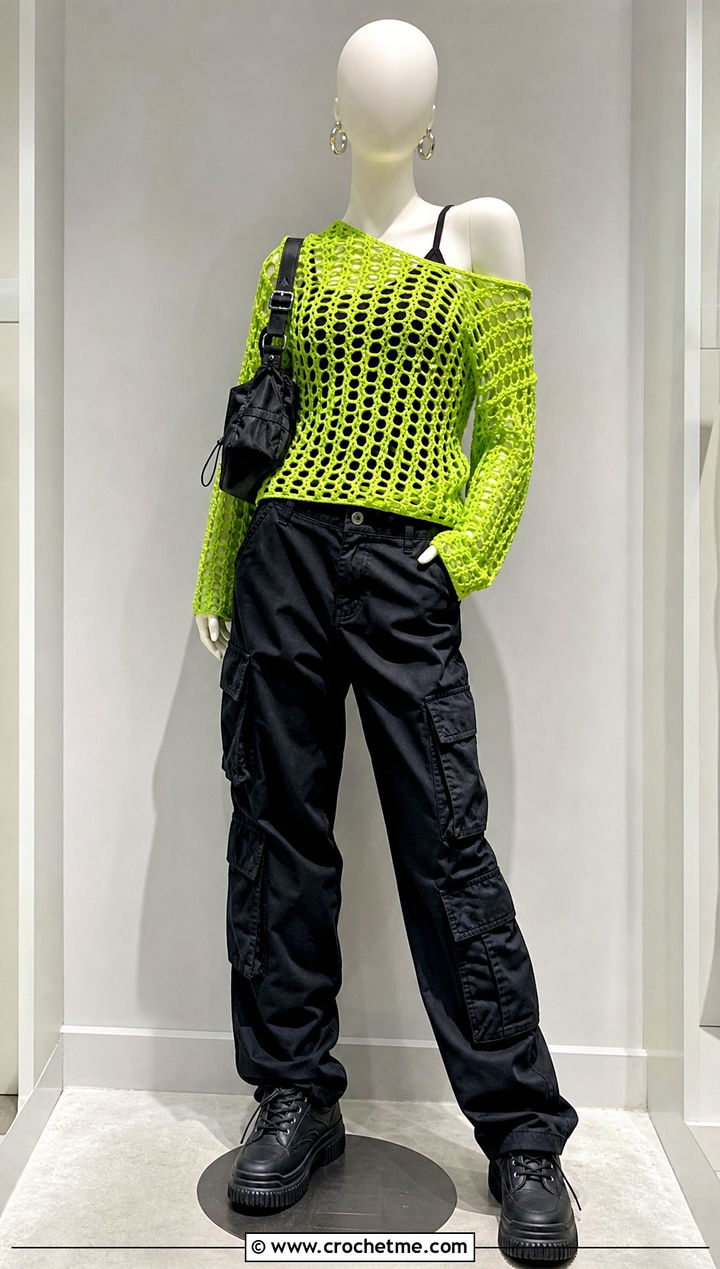 Lime Mesh Crochet Sweater With Black Cargo Pants - 15 Green Crochet Sweater On Mannequin outfit ideas