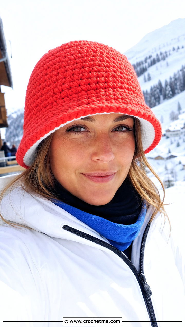 Lined Crochet Bucket Hat With Ski Jacket - 35 crochet winter bucket hat outfit ideas