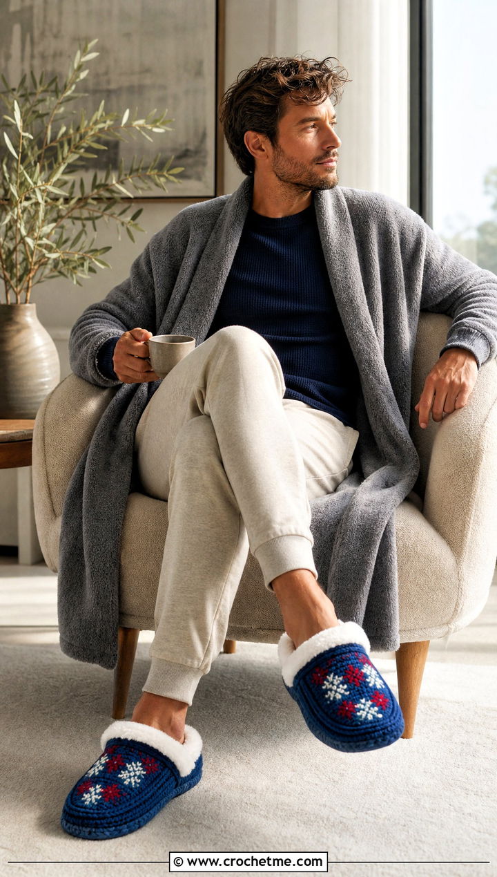 Lined Crochet Slippers With Robe Cardigan And Lounge Pants - 30 easy mens crochet slippers outfit ideas