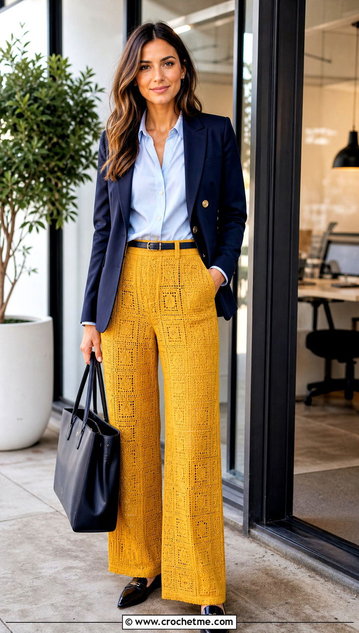 Lined Crochet Wide Leg Pants With Oxford Shirt - 20 Crochet Clothes For Work outfit ideas