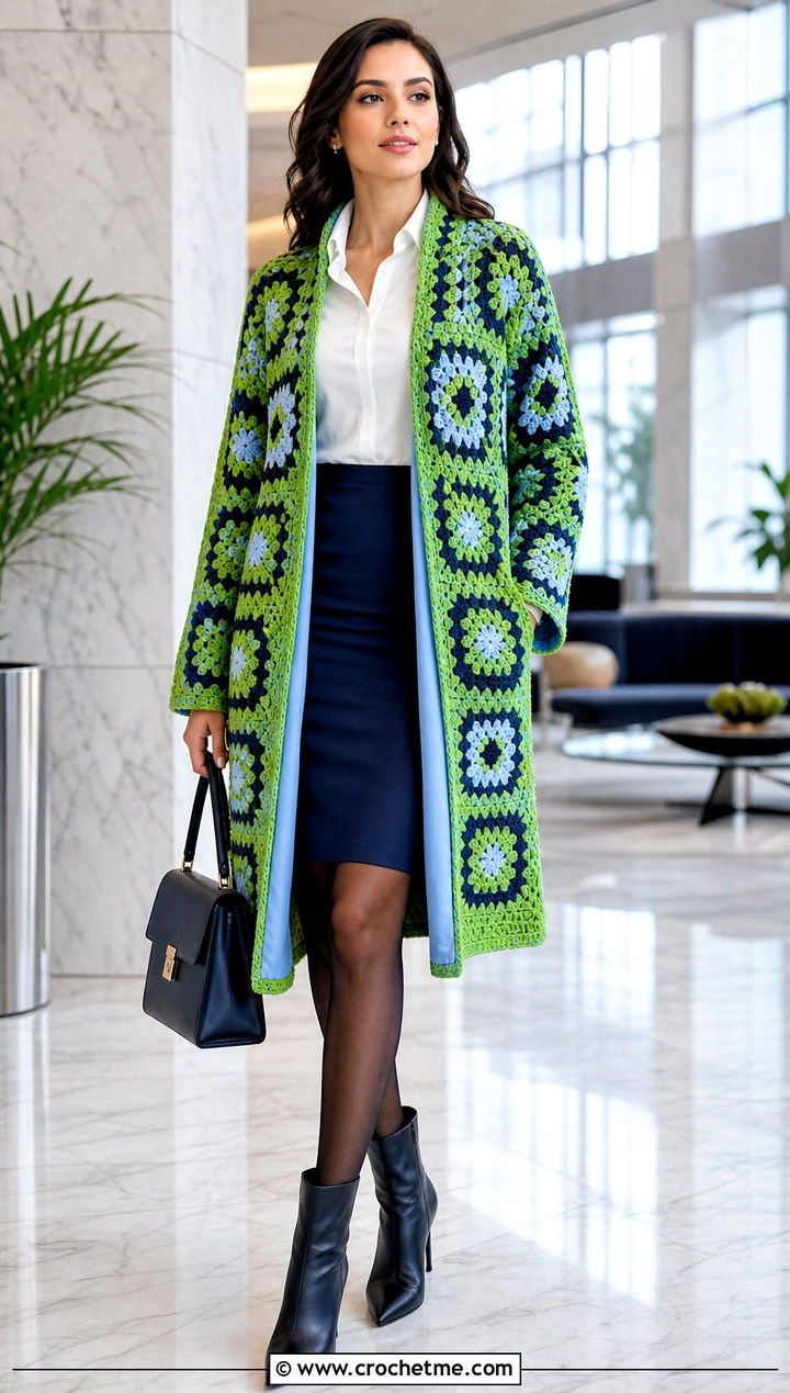 Lined Granny Square Coat With Pencil Skirt - 30 crochet granny square coat outfit ideas