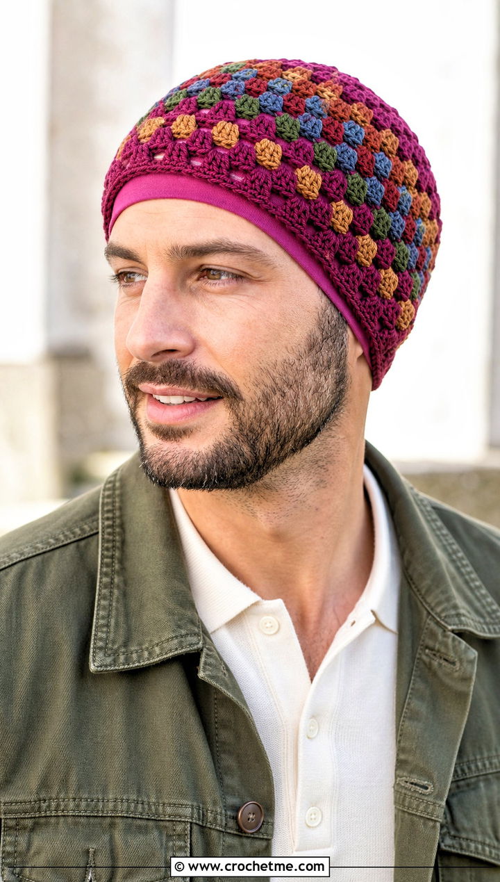Lined Granny Stitch Crochet Chemo Cap With Utility Jacket - 25 Crochet Chemo Caps For Men outfit ideas