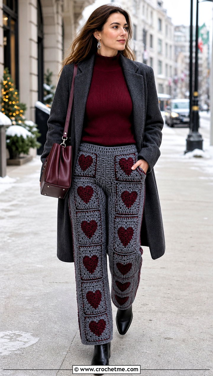 Lined Heart Granny Square Pants With Long Wool Coat - 30 heart granny square pants outfit ideas