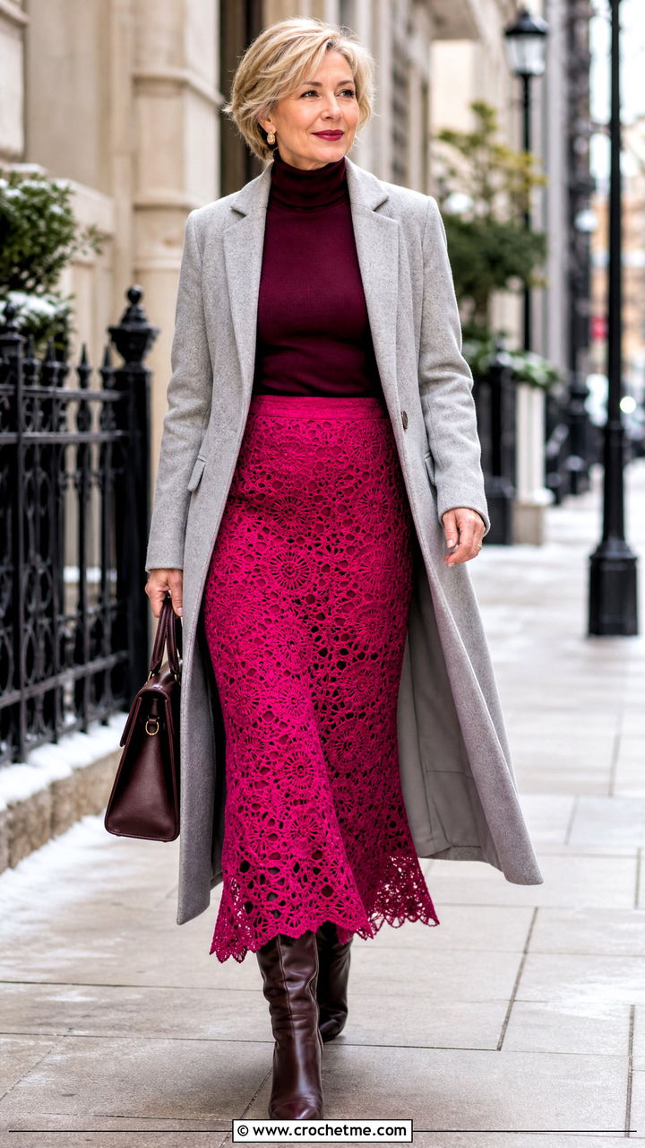 Lined Lace Crochet Maxi Skirt With Turtleneck - 35 crochet maxi skirt outfit ideas