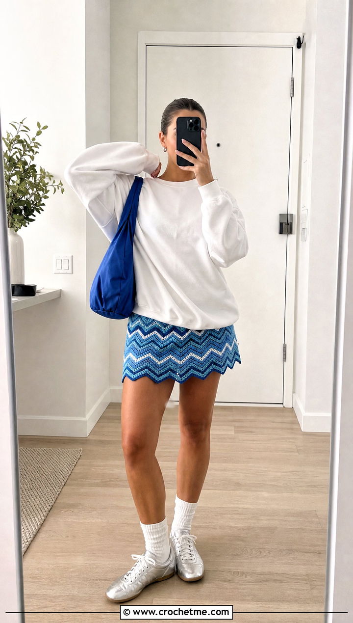 Lined Zigzag Mini Skirt With Oversized Sweatshirt - 15 crochet zigzag skirt outfit ideas