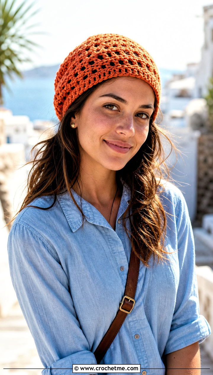 Linen Blend Crochet Beanie With Chambray Shirt And White Jeans - 30 summer crochet beanie outfit ideas