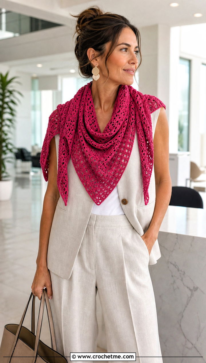Linen Blend Triangle Crochet Shawl With Vest And Trousers - 30 easy triangle crochet shawl outfit ideas