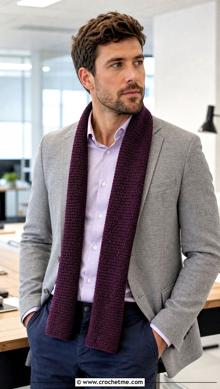 Linen Stitch Crochet Scarf With Office Blazer - 15 crochet stitch for mens scarf outfit ideas