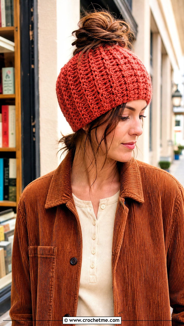 Linen Stitch Messy Bun Crochet Beanie With Corduroy Jacket - 30 easy messy bun crochet beanie outfit ideas