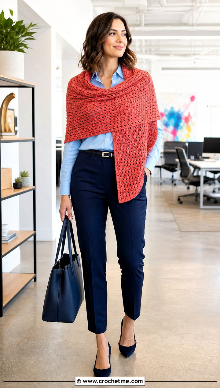 Linen Stitch Rectangle Crochet Shawl With Button Down Shirt - 25 Easy Rectangle Crochet Shawl outfit ideas