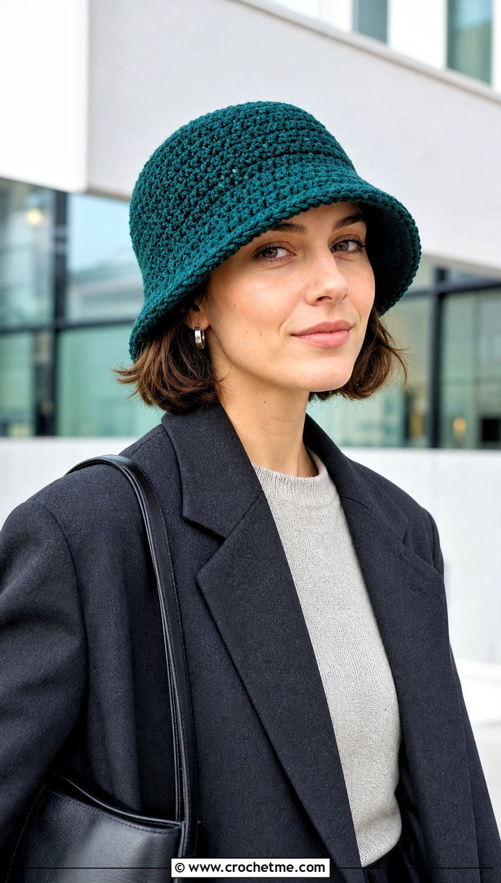 Linked Double Crochet Bucket Hat With Blazer And Trousers - 25 Double Crochet Bucket Hat outfit ideas