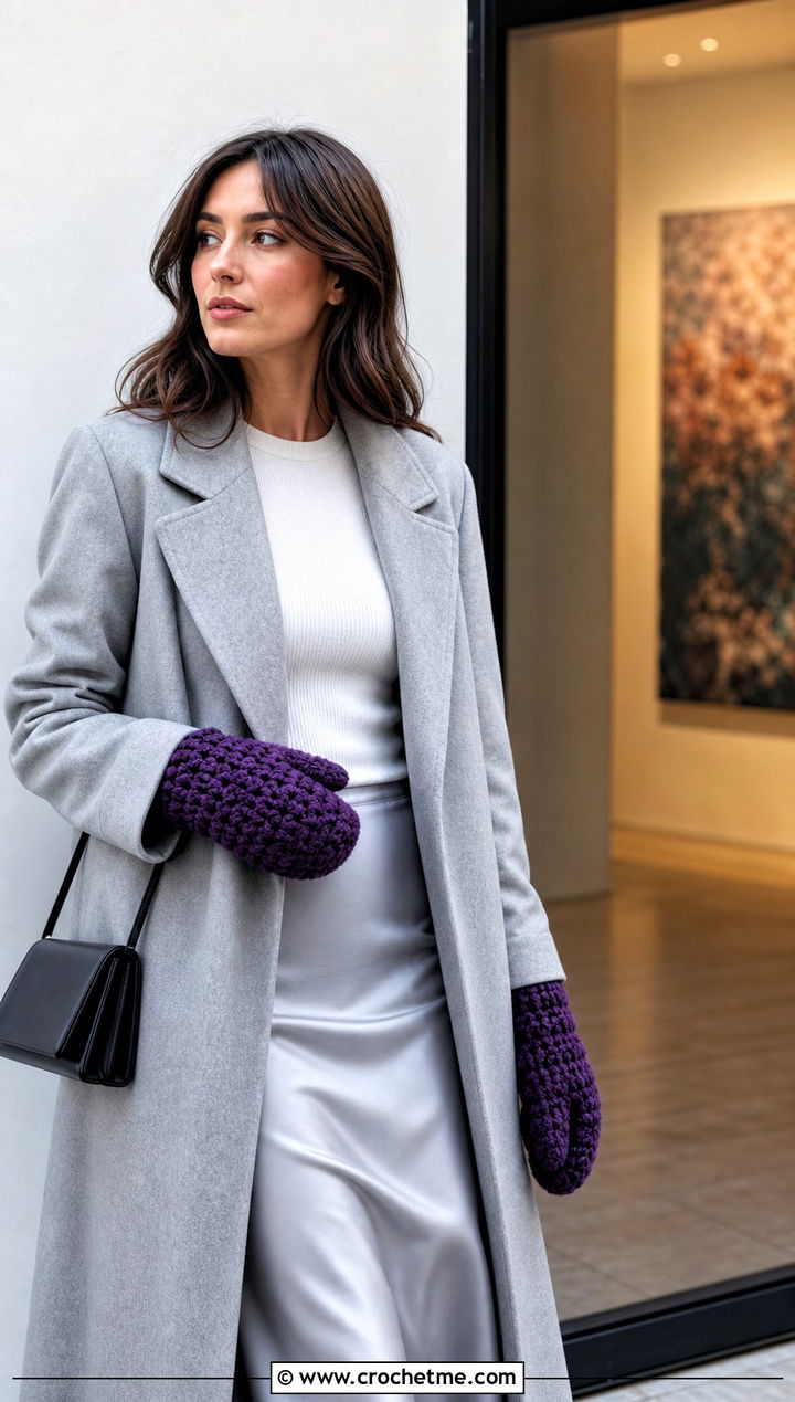 Linked Double Crochet Bulky Mittens With Maxi Coat And Satin Skirt - 15 Bulky Crochet Mittens outfit ideas