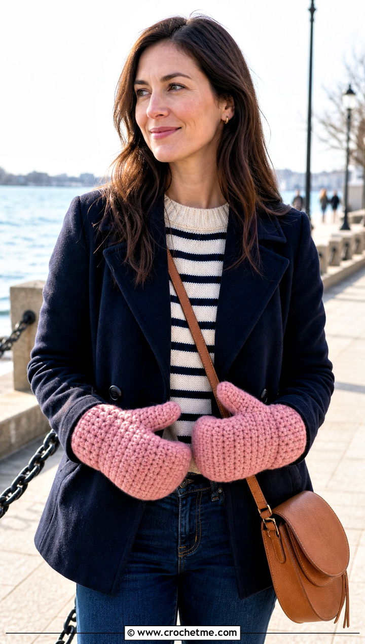 Linked Double Crochet Chunky Mittens With Peacoat - 30 crochet chunky mittens outfit ideas
