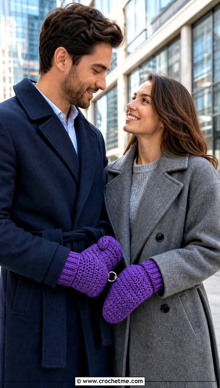 Linked Double Crochet Couple Mittens With Office Outfits - 25 crochet couple mittens outfit ideas