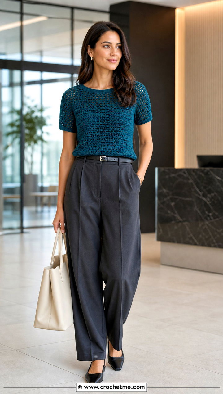 Linked Double Crochet Tee With Tailored Trousers - 15 intermediate crochet tee outfit ideas