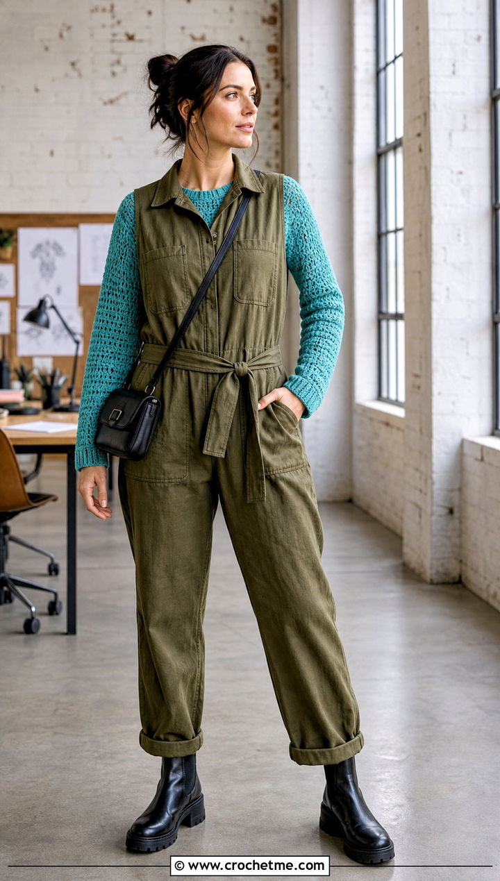 Linked Half Double Crochet Sweater With Utility Jumpsuit - 30 half double crochet sweater outfit ideas