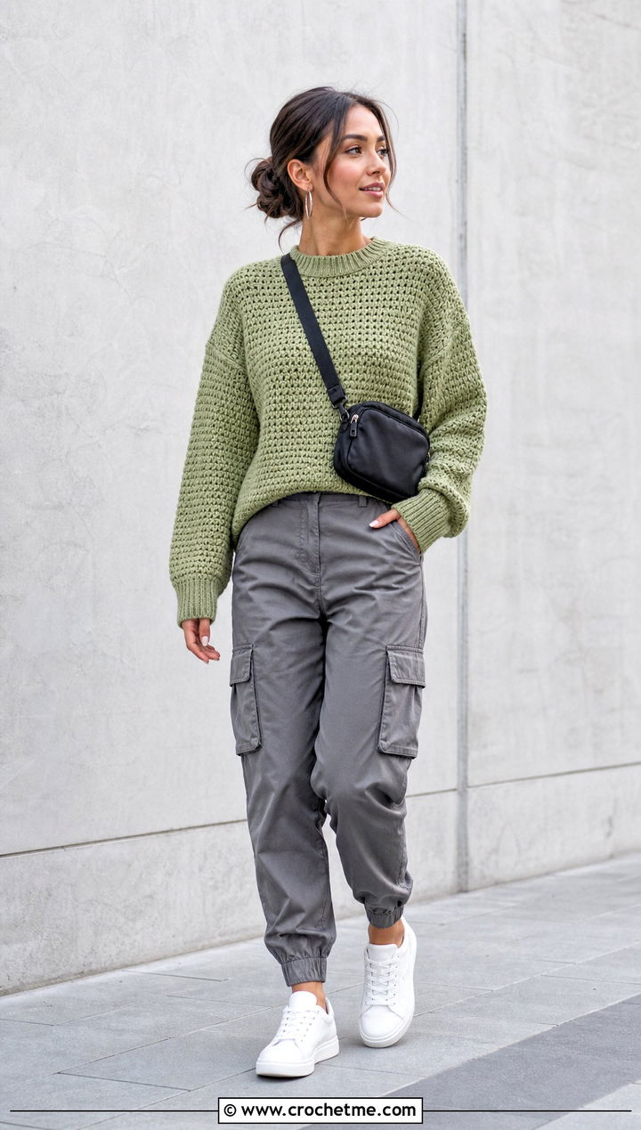Little Shells Stitch Crochet Sweater With Cargo Pants - 25 Shell Stitch Crochet Sweater outfit ideas