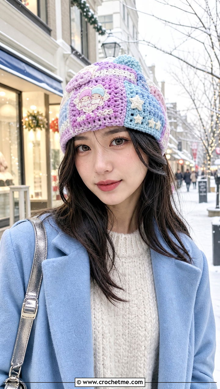 Little Twin Stars Patchwork Beanie With Pastel Coat - 25 sanrio crochet beanie outfit ideas