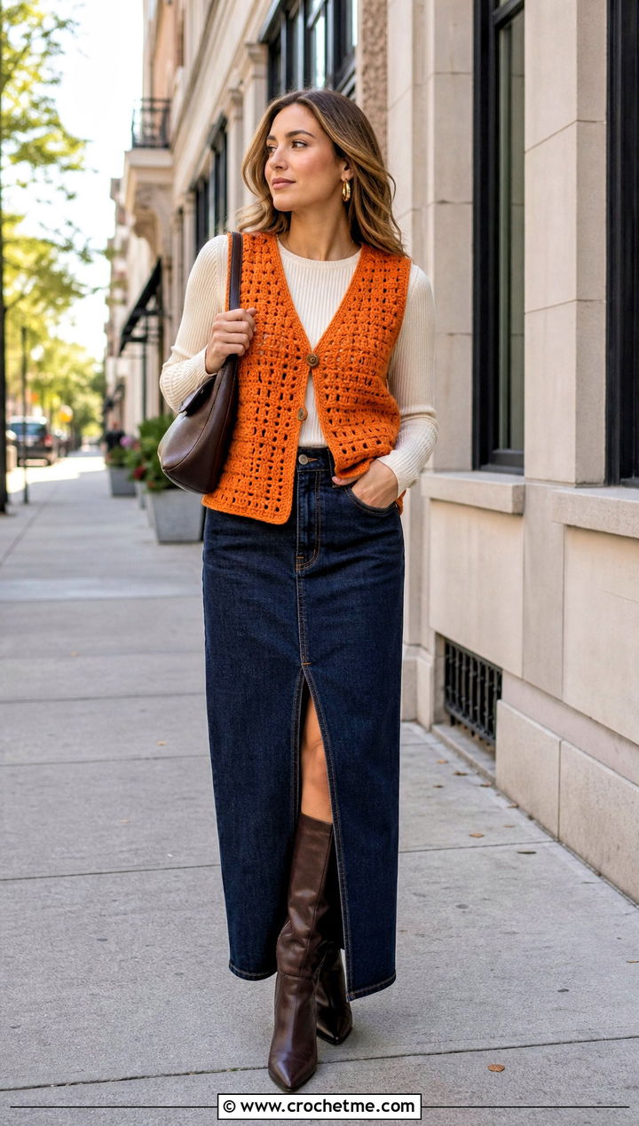 Livingstone Crochet Vest With Denim Maxi Skirt And Boots - 15 livingstone crochet vest outfit ideas