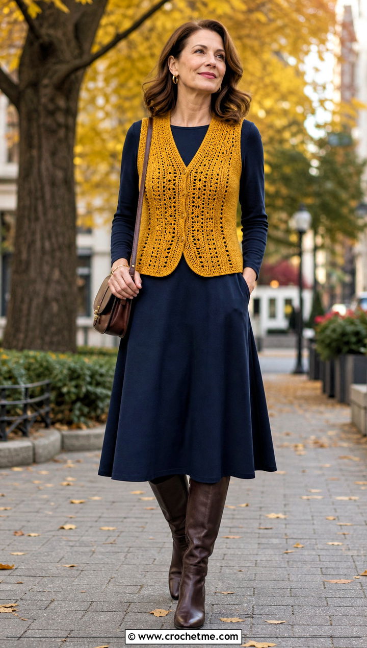 Livingstone Crochet Vest With Long Sleeve Dress And Riding Boots - 15 livingstone crochet vest outfit ideas