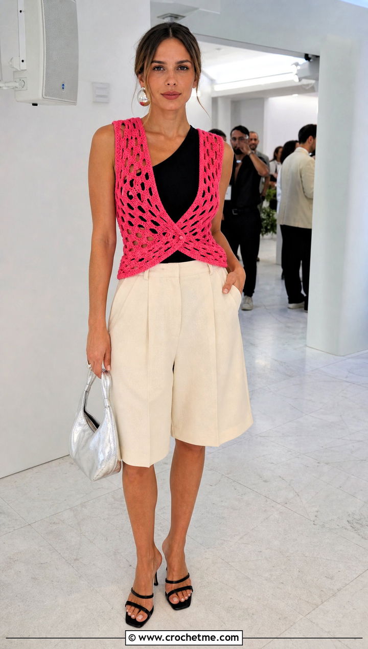 Livingstone Crochet Vest With One Shoulder Top And Tailored Shorts - 15 livingstone crochet vest outfit ideas