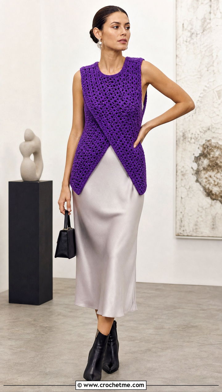 Livingstone Crochet Vest With Satin Slip Dress And Boots - 15 livingstone crochet vest outfit ideas