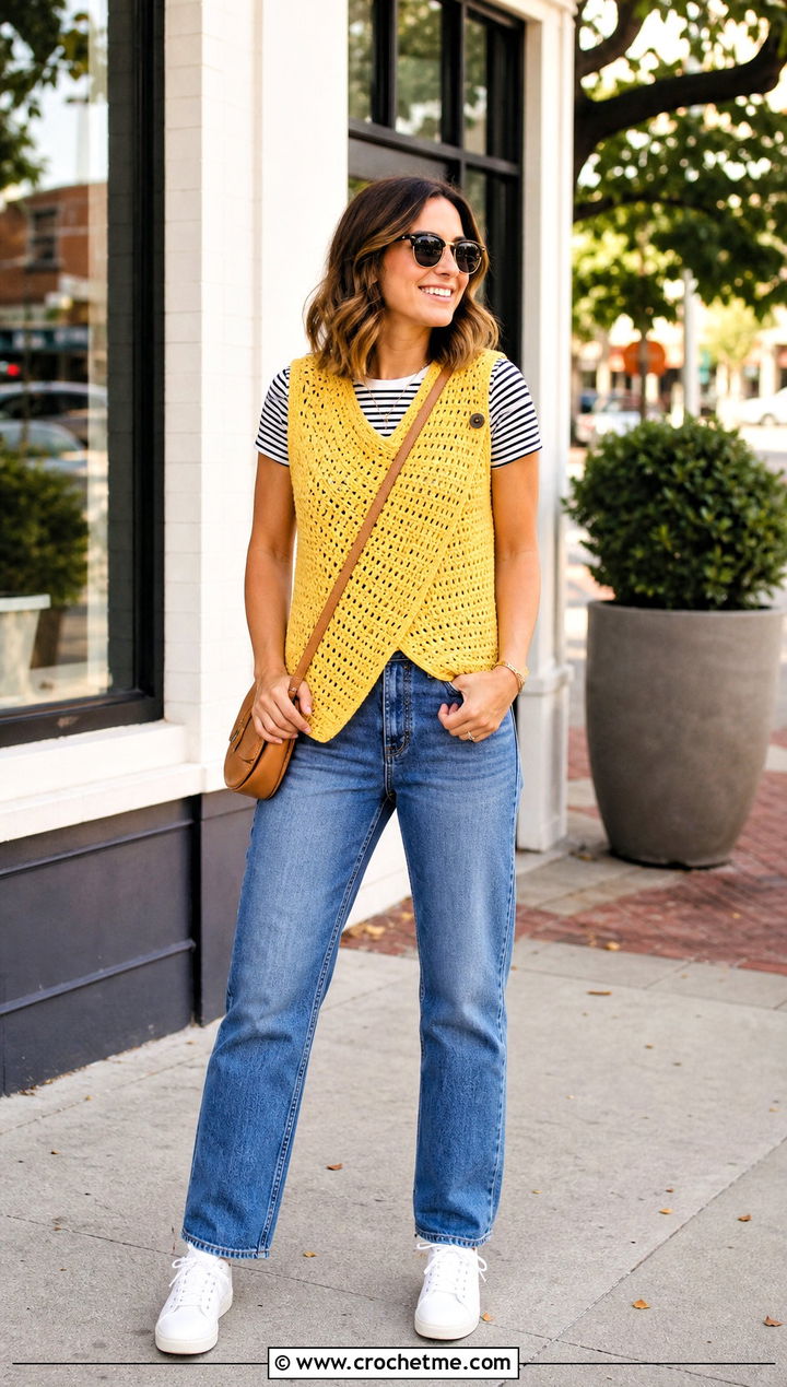 Livingstone Crochet Vest With Striped T Shirt And Jeans - 15 livingstone crochet vest outfit ideas