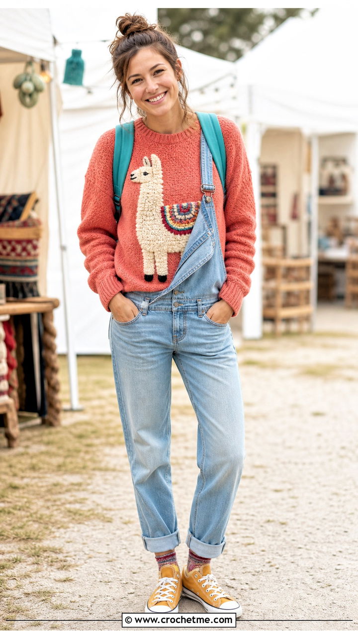 Llama Crochet Mabel Pines Sweater With Denim Overalls - 30 crochet mabel pines sweater outfit ideas