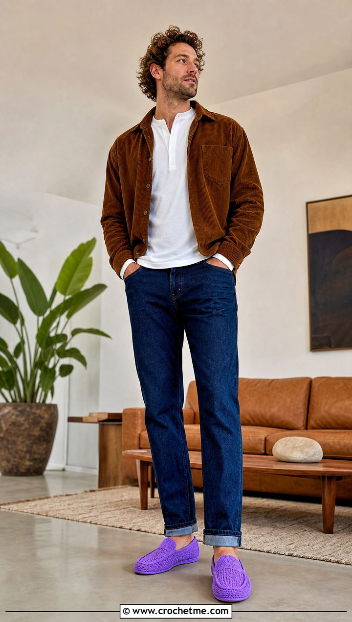 Loafer Crochet Mens Slippers With Jeans and a Henley - 30 crochet men's slippers outfit ideas