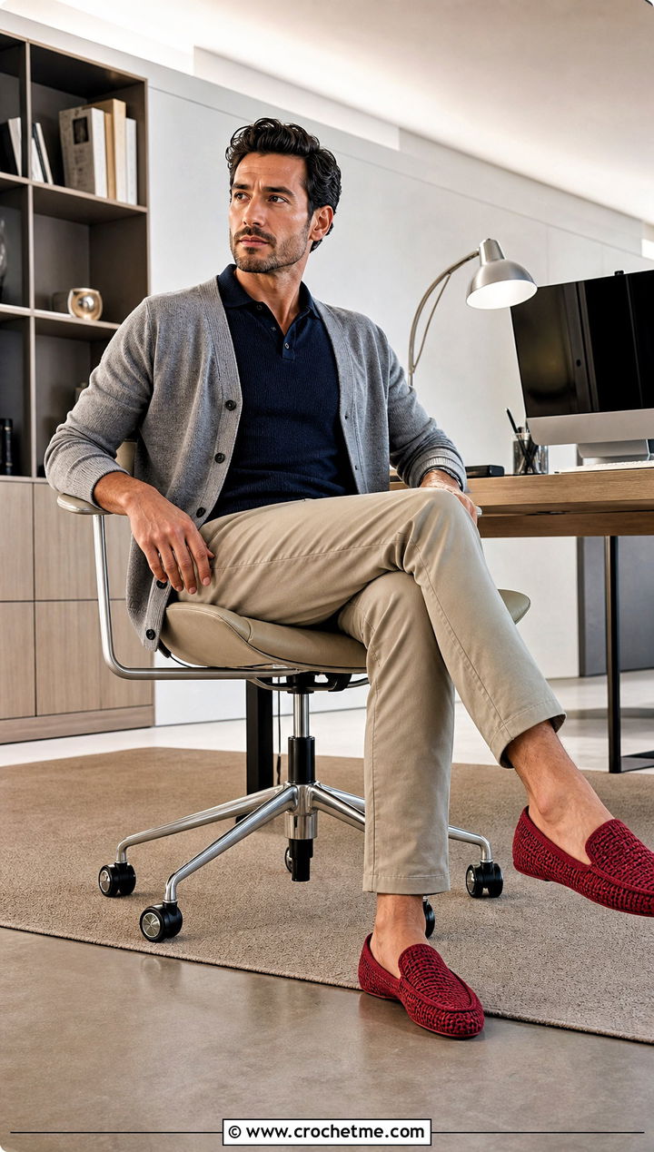 Loafer Crochet Mens Slippers With Knit Polo And Chinos - 15 Easy Crochet Mens Slippers outfit ideas