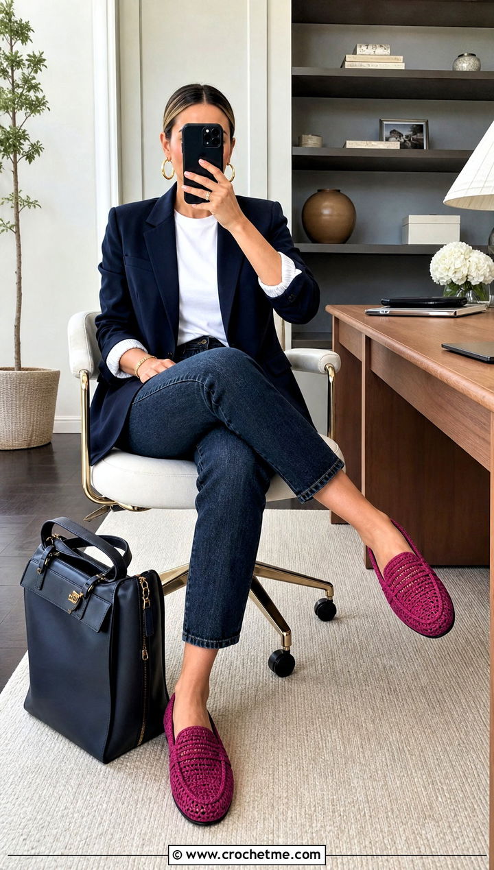 Loafer Crochet Slippers With Blazer And Jeans - 15 Women's Crochet Slippers outfit ideas