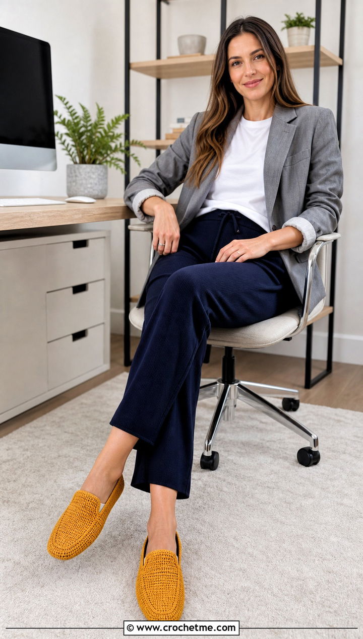 Loafer Crochet Slippers With Blazer And Knit Pants - 25 crochet sock slippers outfit ideas