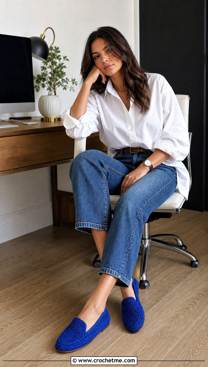 Loafer Crochet Slippers With Button Down Shirt And Jeans - 25 Quick And Easy Crochet Slippers outfit ideas