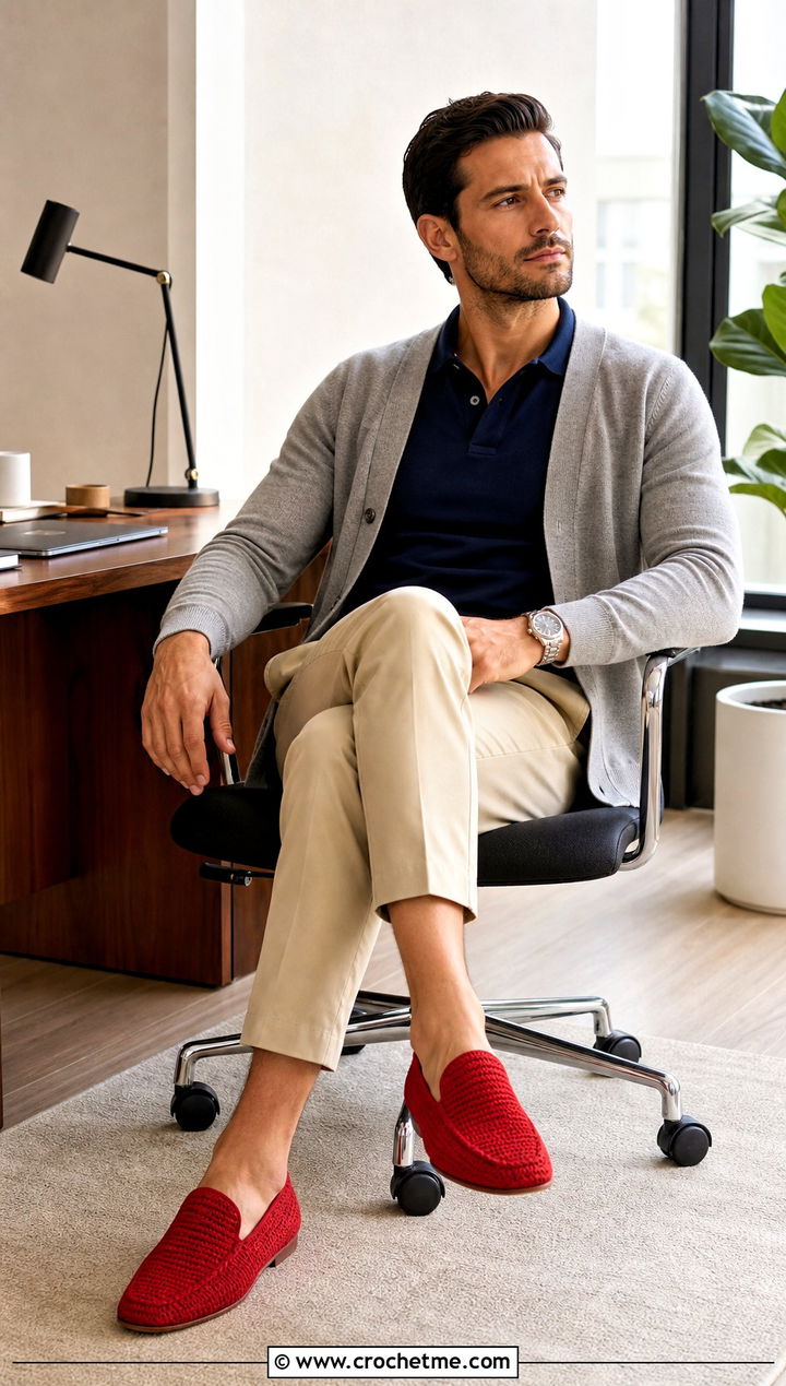 Loafer Crochet Slippers With Polo And Chinos - 30 easy mens crochet slippers outfit ideas