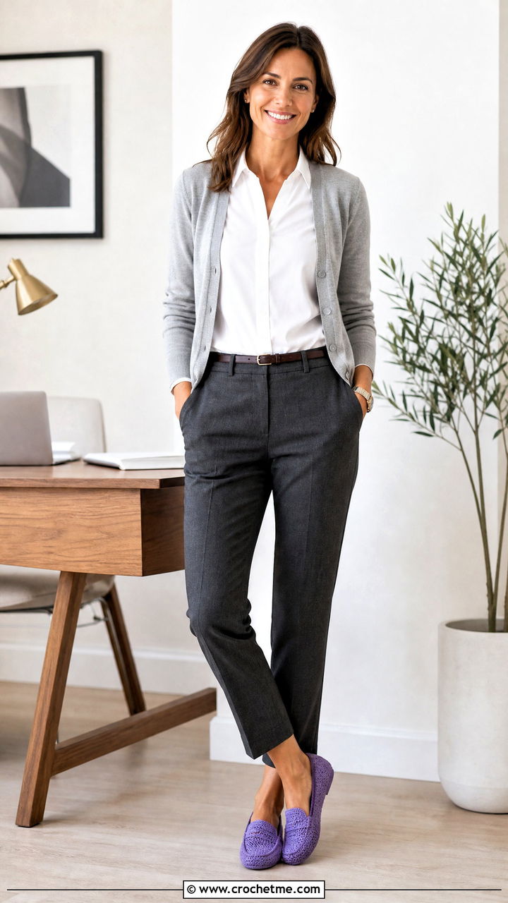Loafer Crochet Slippers With Tailored Trousers and a Shirt - 35 easy crochet slippers adult outfit ideas