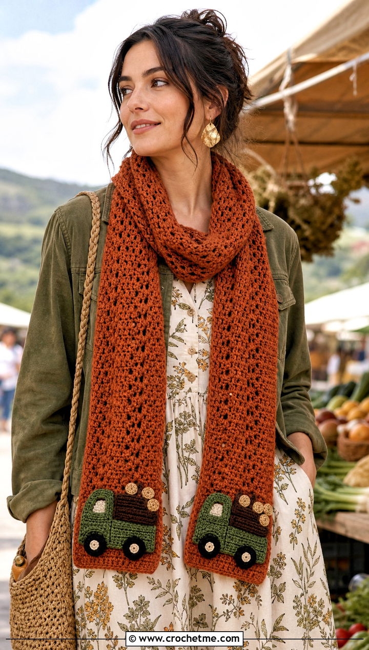 Log Truck Crochet Scarf With Boho Maxi Dress - 20 Crochet Truck Scarf outfit ideas