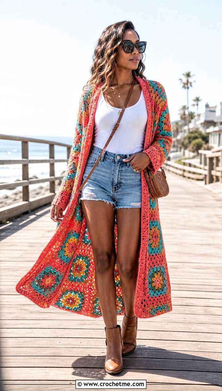 Long African Flower Granny Square Cardigan With Denim Shorts - 30 african flower granny square cardigan outfit ideas
