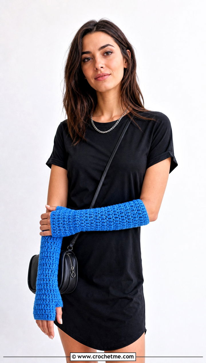 Long Arm Warmer Fingerless Crochet Gloves With T Shirt Dress - 30 fingerless crochet gloves outfit ideas