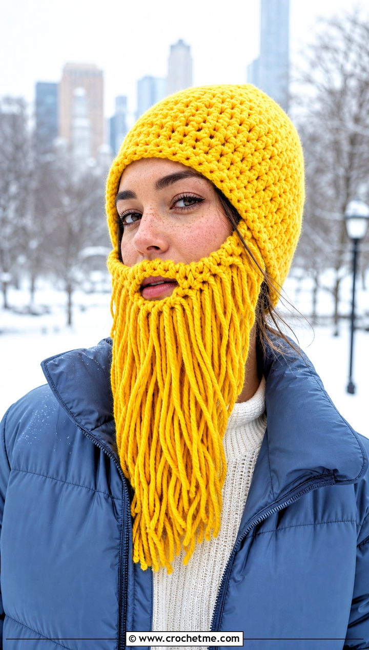 Long Beard Crochet Beanie With Puffer Jacket - 25 Beard Crochet Hat outfit ideas