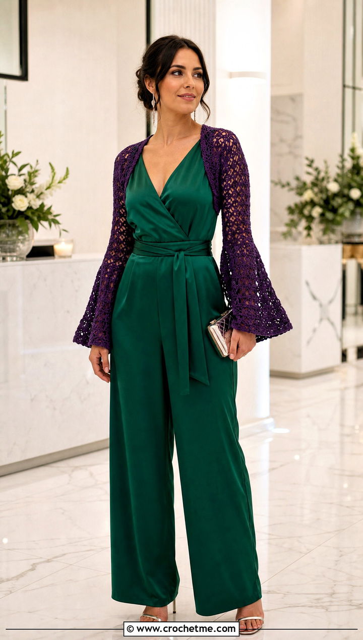 Long Bell Sleeve Crochet Shrug With Satin Jumpsuit - 25 Crochet Shrug Sleeves outfit ideas