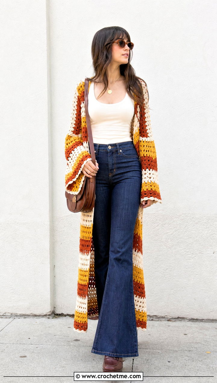 Long Bell Sleeve Stripe Crochet Cardigan With Flared Jeans - 25 striped crochet cardigan outfit ideas