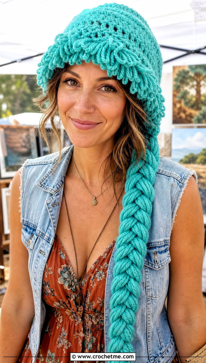 Long Braid Cabbage Patch Crochet Hat With Boho Maxi Dress - 25 Cabbage Patch Crochet Hat outfit ideas
