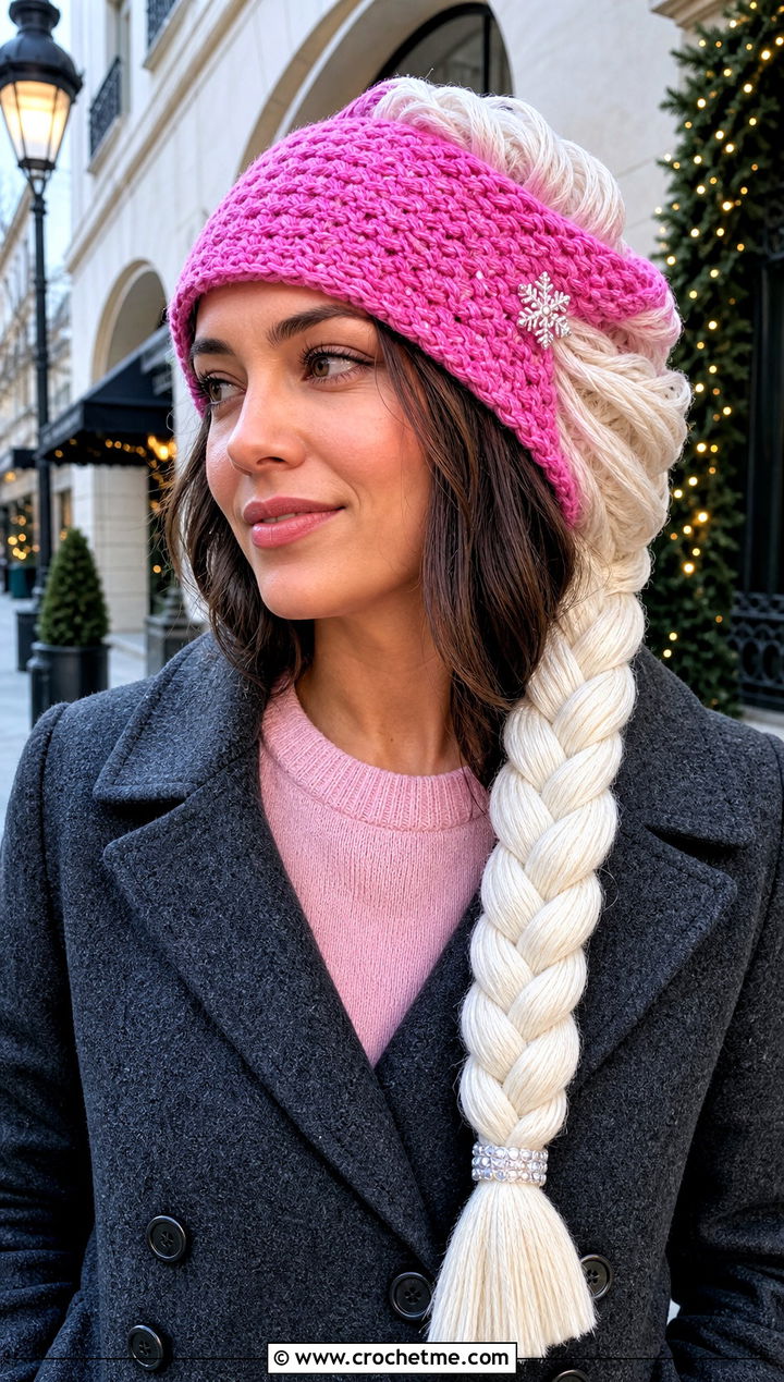 Long Braid Elsa Hat With Tailored Coat - 15 Crocheted Elsa Hat outfit ideas