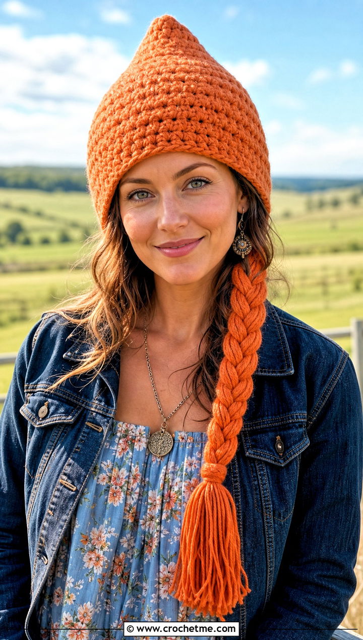 Long Braided Tassel Crochet Hat With Prairie Dress - 25 Long Crochet Hat outfit ideas