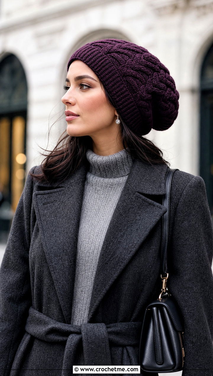 Long Cable Crochet Slouchy Beanie With Sweater Dress - 25 Long Crochet Hat outfit ideas