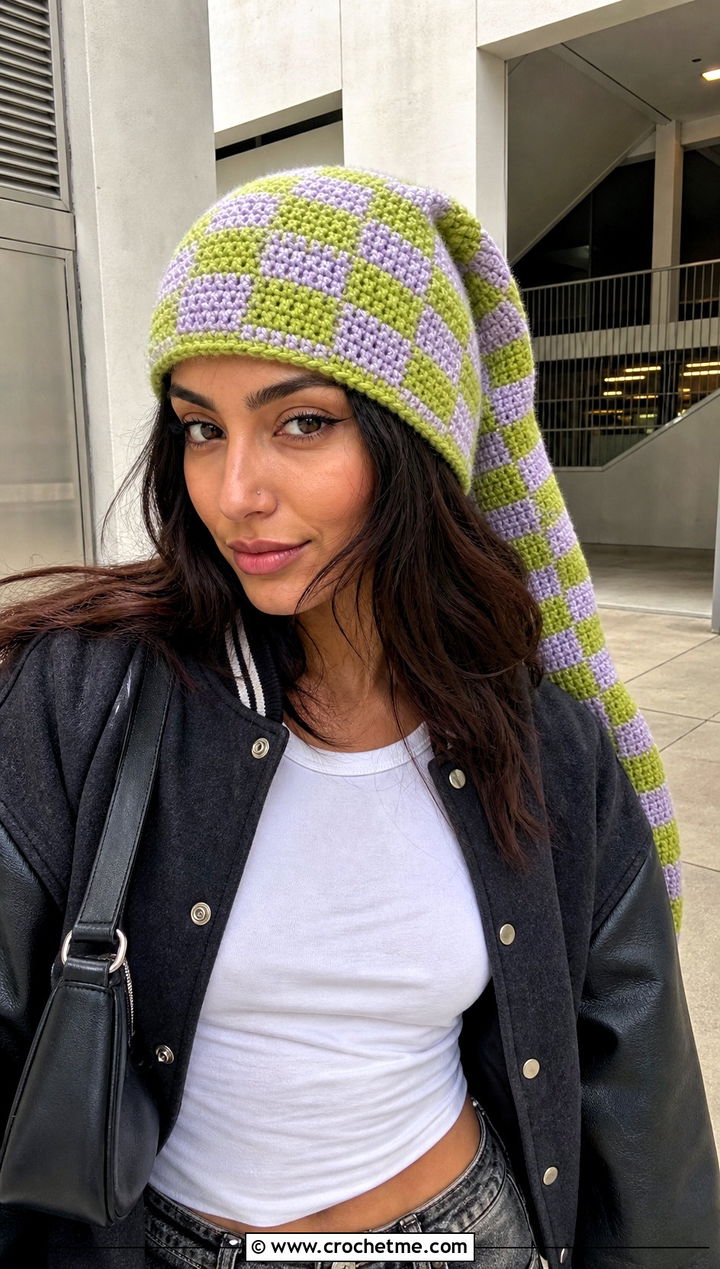 Long Checkerboard Crochet Hat With Varsity Jacket - 25 Long Crochet Hat outfit ideas
