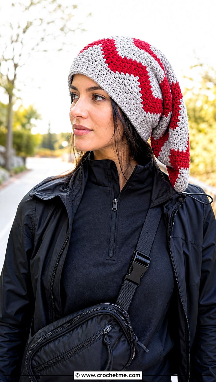 Long Chevron Crochet Hat With Athleisure Outfit - 25 Long Crochet Hat outfit ideas