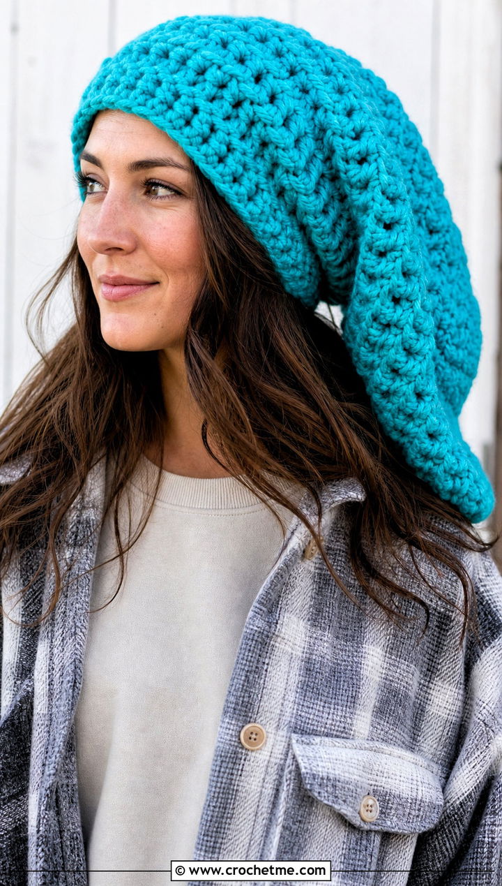 Long Chunky Crochet Slouch Hat With Shacket - 25 Long Crochet Hat outfit ideas